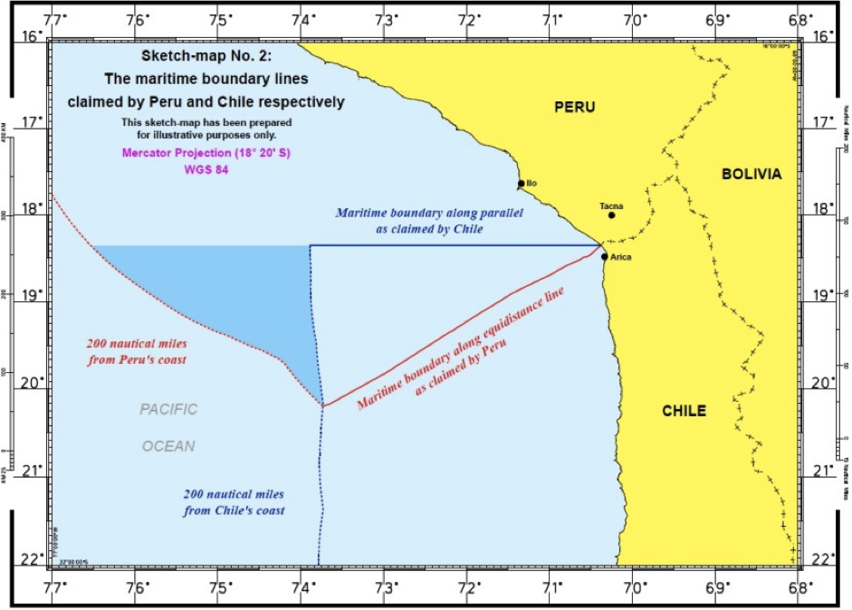 Image from p. 16 of the ICJ-CIJ decision in the Maritime Dispute (Peru v. Chile) case, available from <http://www.icj-cij.org/docket/files/137/17930.pdf>.