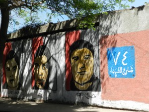 Mock street name: 74 Street of Martyrs followed by the portraits of the martyrs of the Port Said massacre of the Ultras Ahli fans all around the fence of the Ahli Club, Zamalek island. Picture captured 29 March 2013