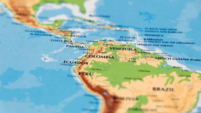 world map of south american countries and colombia, venezuela, ecuador, panama in close up focus