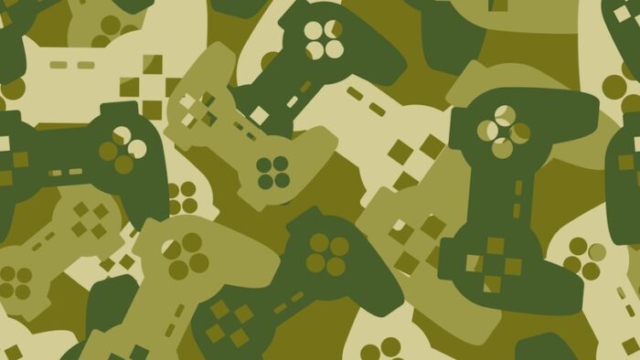 Military texture from gaming joysticks. Army seamless pattern gamepad. Vector Protective camouflage for soldier clothing gamer. Fun illustration Home sofa troops.