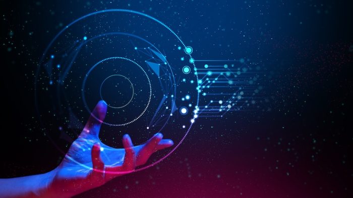 ai global network technology, hologram with light and hand of human with blue and red color glow in sci-fi futuristic concept, particle with digital data, cyber information, science and life, analysis