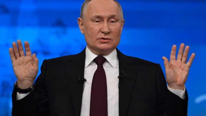 Russian President Vladimir Putin speaks at his annual press conference. Moscow, Russia 14.12.2023.