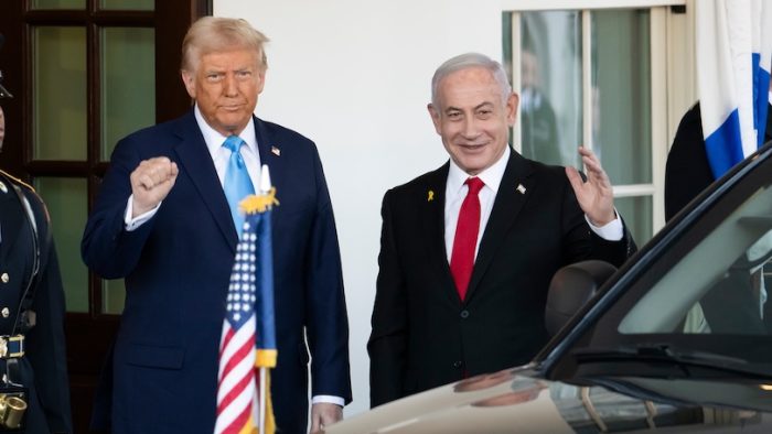 WASHINGTON D.C., USA - FEBRUARY 4, 2025: US President Donald Trump greets Israeli Prime Minister Benjamin Netanyahu as he arrives at the White House.