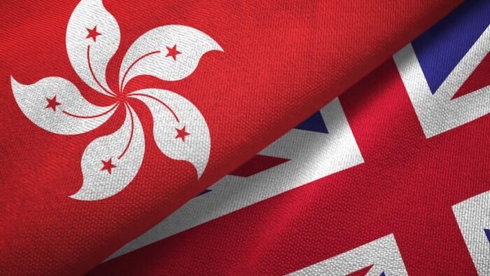 Hong Kong and United Kingdom flags together relations textile cloth, fabric texture