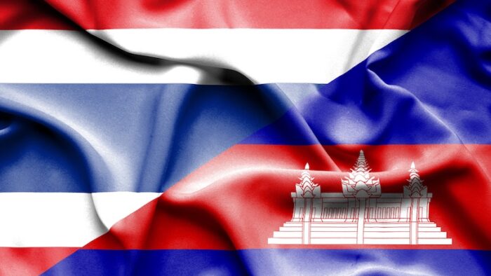 Waving flag of Cambodia and Thailand