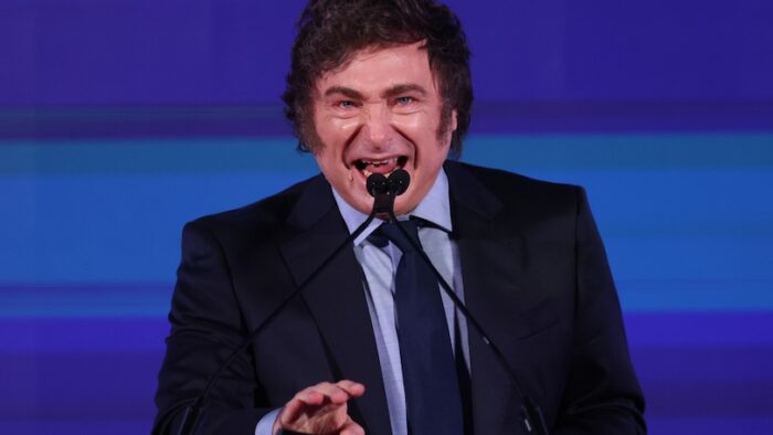 Rome, Italy 14.12.2024:  Argentine president Javier Milei speaks during the political event organized by the governing party Fratelli D'Italia called Atreju 2024 at the Circo Massimo in Rome