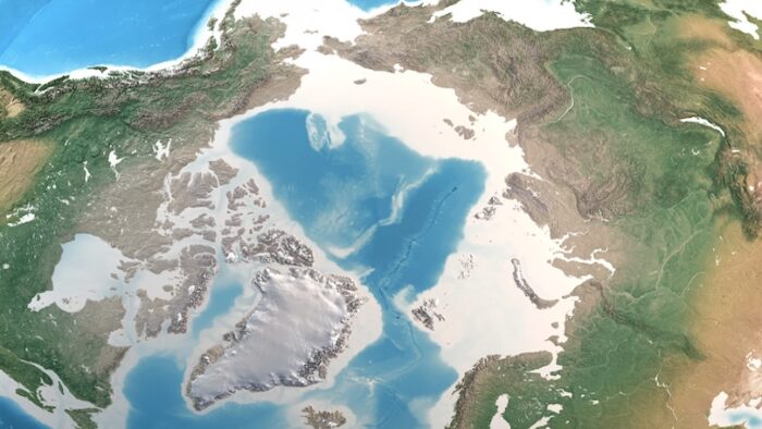 Physical map of North Pole, Arctic Ocean and Greenland, with high resolution details. Satellite view of Planet Earth. 3D illustration - Elements of this image furnished by NASA