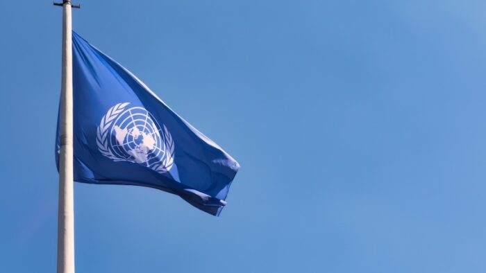 The Hague, Netherlands - July 22 2019 : The flaf of the United Nations hanging outside the International Court of Justice.