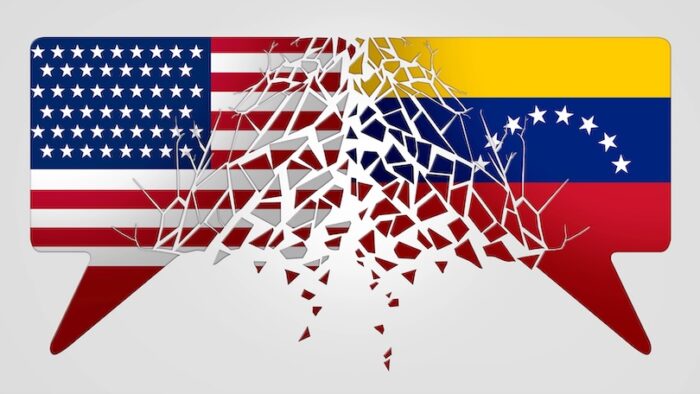 Venezuela United States conflict and diplomatic crisis or Venezuelan political situation as uncertainty in Caracas and breakdown of diplomacy with the south american country in a 3D illustration style.