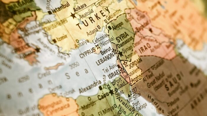 map  of Israel,Turkey,Jordan and Lebanon. Selective focus