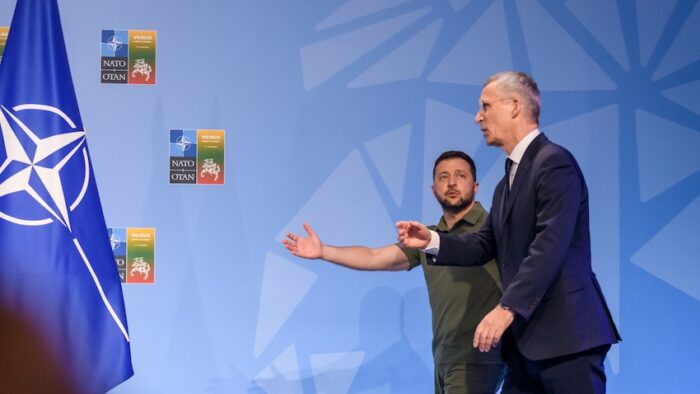 VILNIUS, LITHUANIA. 12th July 2023. Volodymyr Zelenskyy, President of Ukraine and Jens Stoltenberg, NATO Secretary General, during Joint press conference at NATO SUMMIT 2023.