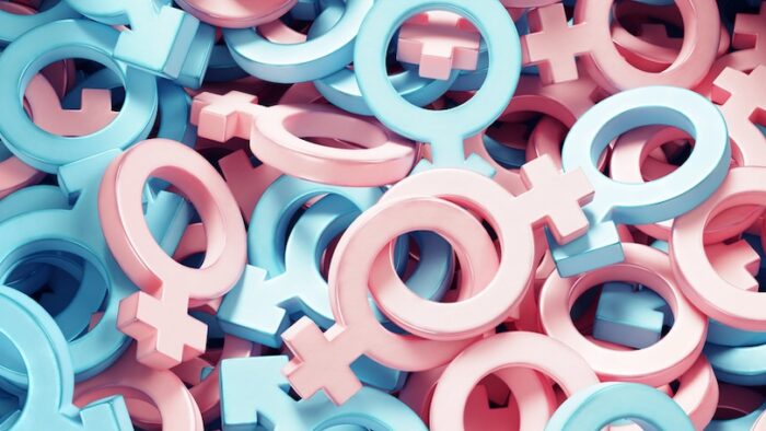 Big pile of gender signs. Two related female signs. Symbol of lesbian relationships. 3D rendering.