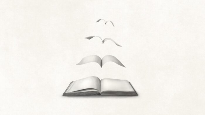 illustration of pages flying out of a book, surreal philosophy concept