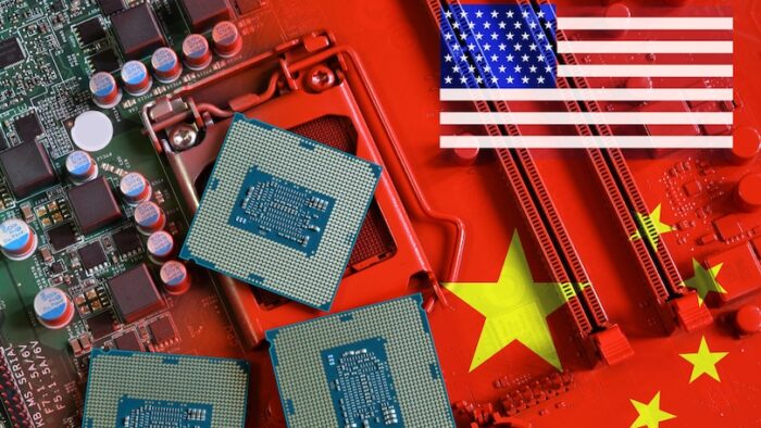 Florence, June 2023: Republic of China and USA flag on a red painted PC motherboard with some processors on it. Concept for supremacy in global microchip and semiconductor manufacturing. Italy