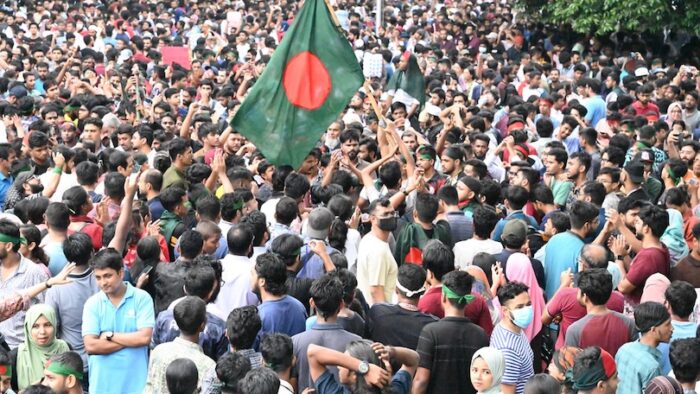 Thousands of students and peoples shout slogans during a protest rally as they demand justice for victims arrested and killed in the recent nationwide violence over job quotas, at Central Shaheed Minar in Dhaka, Bangladesh, on August 3, 2024. Student leaders rallied Bangladeshis on August 3 for a nationwide civil disobedience campaign as Prime Minister Sheikh Hasina's government weathered a worsening backlash over a deadly police crackdown on protesters.