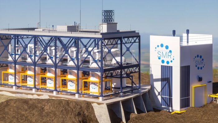 concept of a SMR small modular nuclear reactor power plant on a sunny day. SMR is a future energy concept. 3d rendering.